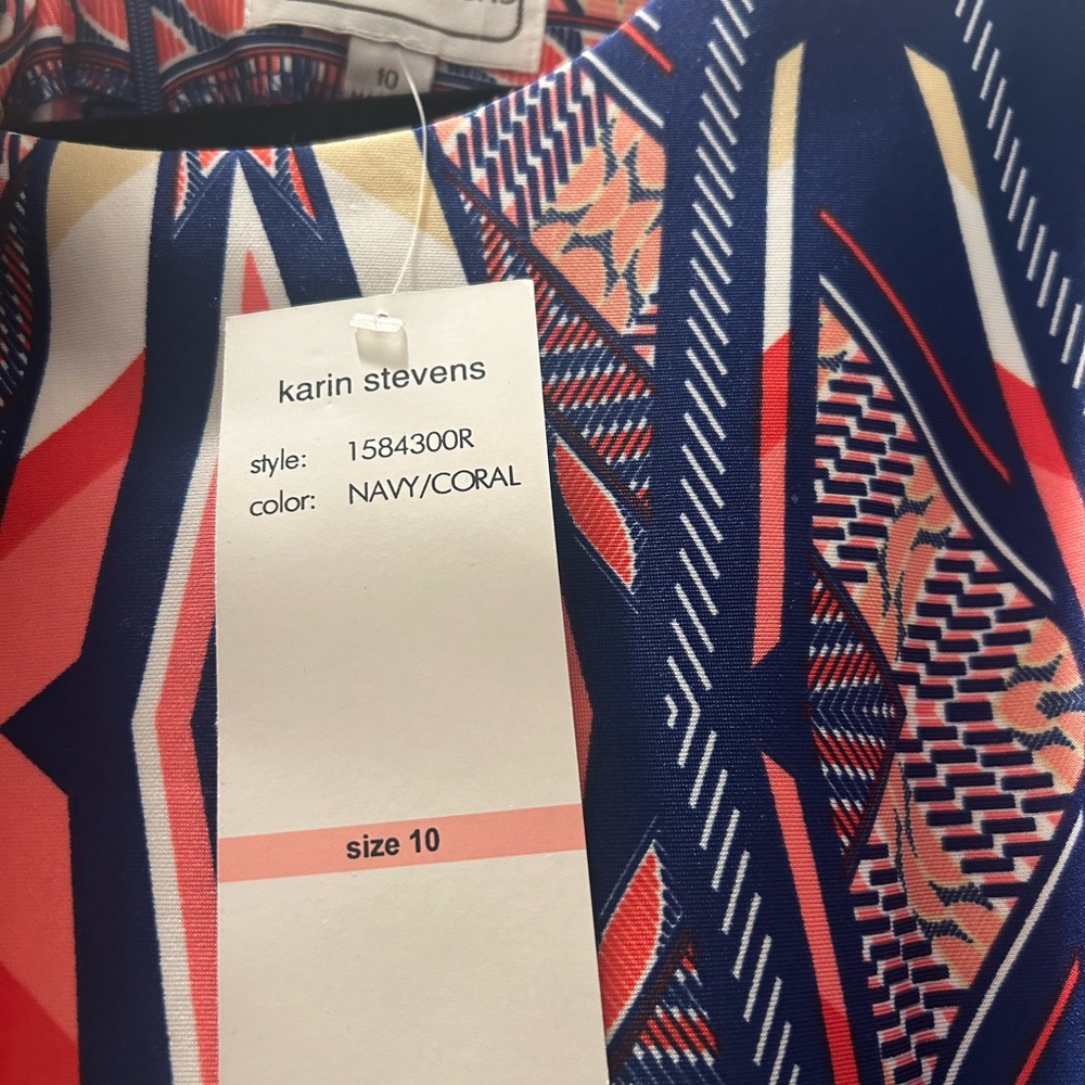 NWT Karin Stevens Geometric Navy and Coral Dress